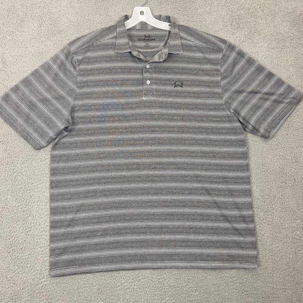 Cinch Mens XXL Gray Striped Polo Shirt Short Sleeve Western Performance Logo Cas